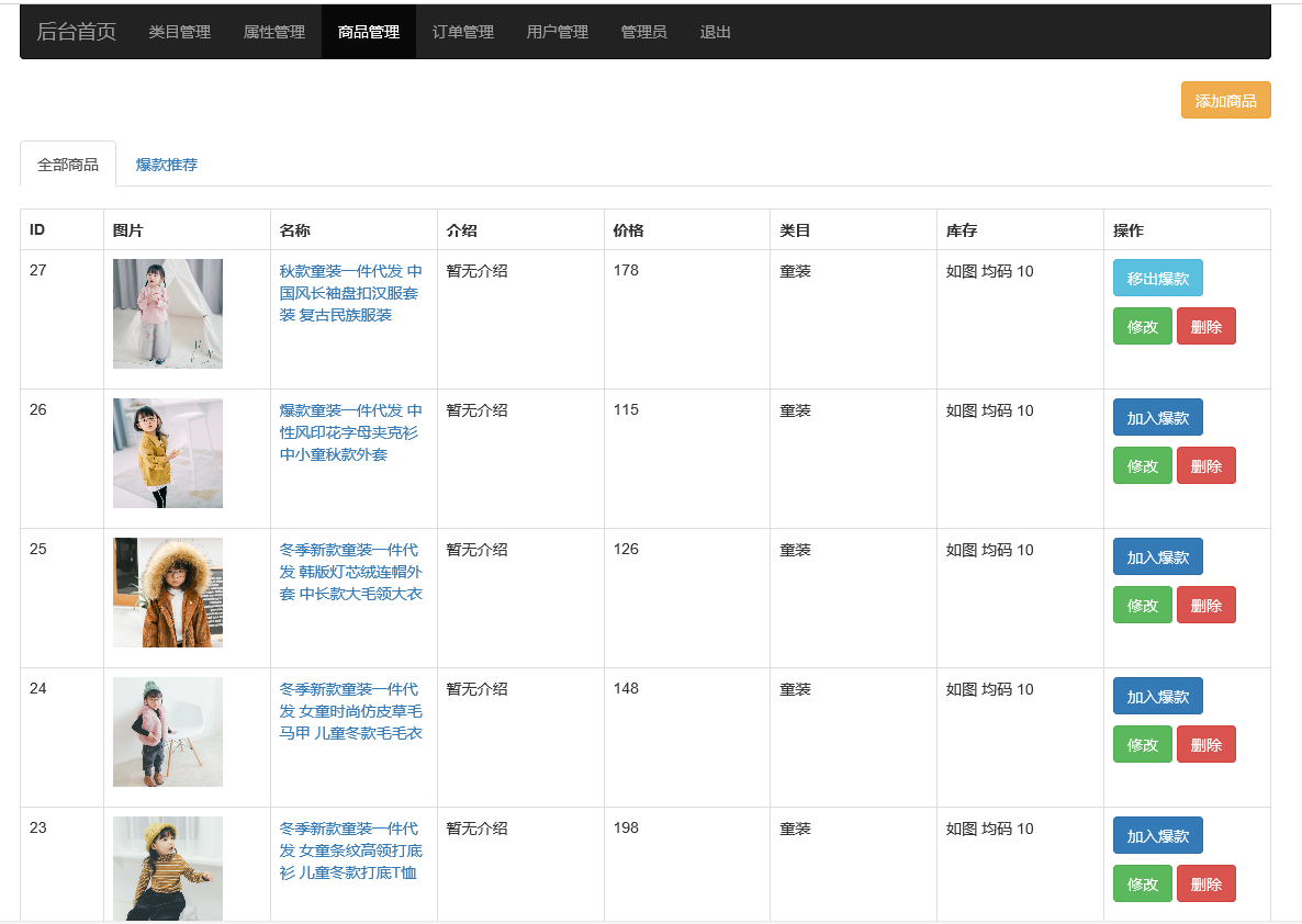 SSM服装商城后台部分展示